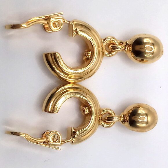 Vintage Hoop Clip-On Earrings Gold-Tone Dangling Ball Charm 1.25" Length - Picture 5 of 7